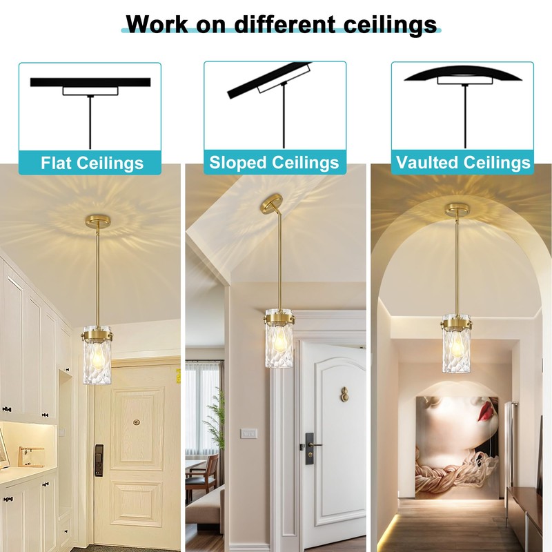Brushed Gold Pendant Lights for Kitchen Island 4.72" Hammered Glass