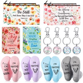 Suhine 16 Pcs Christian Gift Set 4 Pairs Funny Praying Socks 4 Prayers Bible Verse Makeup Bags 4 Inspirational Notepads with 4 Religious Keychain Thank You Gift for Women on Christmas Birthday Day