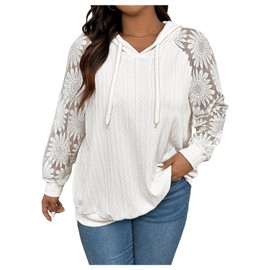 SOLY HUX Women's Plus Size Lace Long Sleeve Hoodies Hooded Sweatshirts Casual Loose Pullover Tops Pure White X-Large Plus