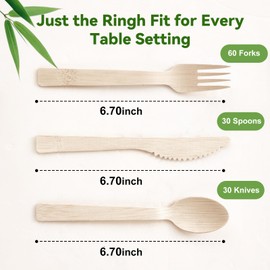 100% Bamboo Cutlery 120 Pack Set Disposable Compostable Utensils With Forks, Spoons And Knives - Eco-Friendly Biodegradable Party Cutlery (120 Assorted Set)