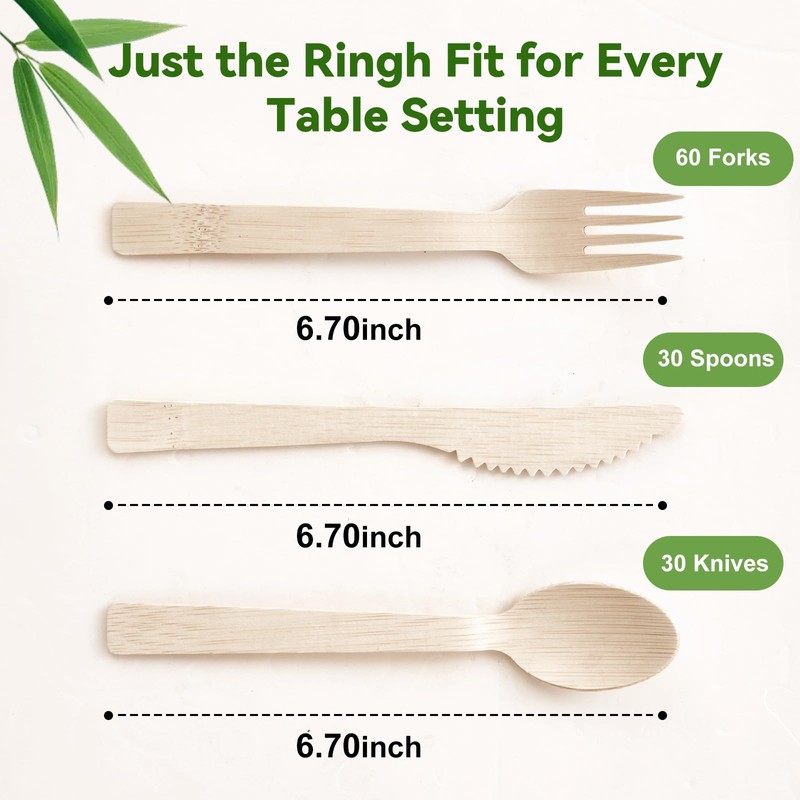 100% Bamboo Cutlery 120 Pack Set Disposable Compostable Utensils With