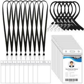Marspark 50 Set Name Tag Lanyards with ID Holder Clear ID Name Badges Lanyards Bulk Clip Waterproof Plastic Card Holders for Adults Kids Business School Office Supplies (Black)