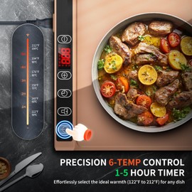 Heapsion Food Warming Mat, Electric Plate with 6 Level Temp 5 Hour Timer, 24x15'' Roll-Up Portable Warming Tray for Dinner Parties, Gatherings, and Holidays（Brown）