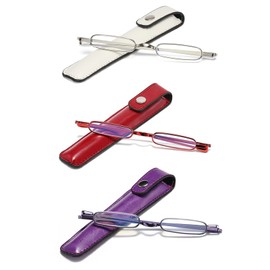 Hubeye 3 Pairs of Ultra-thin Mini Metal Reading Glasses Compact Lightweight Portable Reader Anti-Blue Light with Glasses Leather Case +1.0