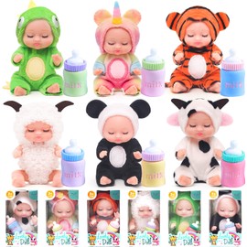 HAPGFS 6 Pcs 4 Inch Mini Baby Dolls Set Realistic Baby Doll with Animal Clothes for Kids Cute Dolls with Tiny Feeding Bottles for Children 3+ Birthday Party Easter Egg Filler Baby Shower Favors