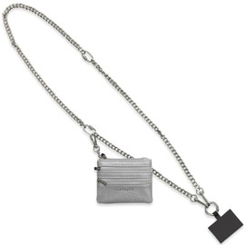 Save the Girls Clip & Go Phone Chain and Pouch (Silver - Silver Pouch) – Stylish Phone Holder with Wallet, Hands-Free Carrying and Adjustable Crossbody Chain