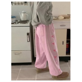 RoseSeek Women's Bow Graphic Joggers Pants Drawstring High Waist Wide Leg Pants Baggy Sweatpants Trendy Pink Medium