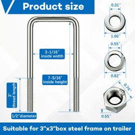 4 Pcs Hotop 304 Stainless Steel Square U-Bolt Boat Trailer U-Bolts with Washers and Nuts l Heavy Duty U Bolt for Sailboat Trailer Automobiles Industrial Part (1/2 D x 3 1/16 W x 7 5/16 Inch)