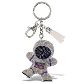 Aqua79 Astronaut Keychain - Silver Sparkling Rhinestones Charm with Tassel, Fashionable Stylish Polyester PU Spaceman Key Ring Bling Jewelry Accessory with Clasp For Key Chain, Bag, Purse and Backpack