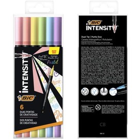 BIC, Plumón Intensity Doble Punta, Lettering, Journaling, Coloreado, Punto Fino, Punta Pincel, Surtido de Colores, 6 Piezas