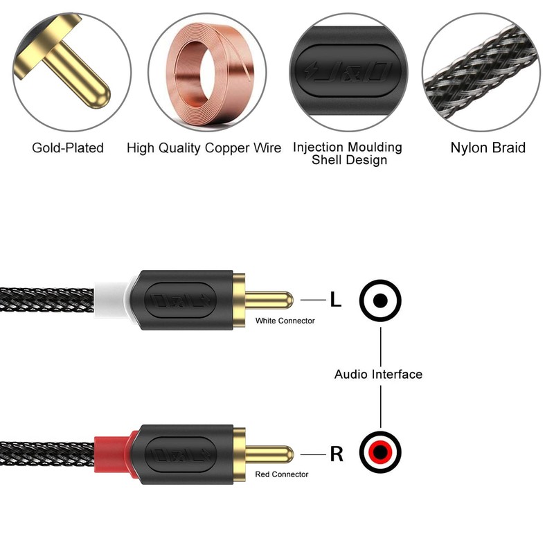 J&D 2 RCA Cables, RCA Cable Gold Plated Audiowave Series