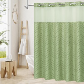 Craidlela No Hooks Boho Sage Green Shower Curtain Set with Snap-in Liner, Farmhouse Tufted Chevron Striped Textured Shower Curtain, Modern Style with See Through Window 72 x 74