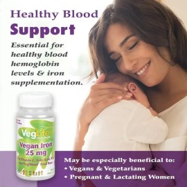 VegLife Hierro Vegano 25mg + Vitamina C, Vitamina B12 Acido Folico 100 Tabletas