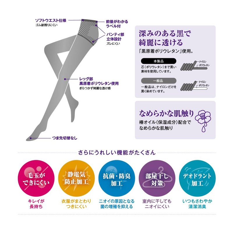 Gunze SABRINA Women's Tights, Beautiful Sheer, Deep Black, Anti-pilling, 50