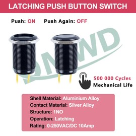 DMWD 19mm Waterproof IP67 Metal Latching Push Button Switch Heavy Duty 10Amp 12V 24V 120V ON-Off 1NO with Wires for 3/4" Mounting Hole Black Shell Without LED Light