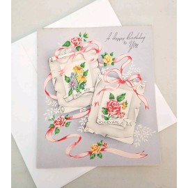 Vtg 1950s Birthday Greeting Card - Pink Ribbon  Flowers - Woman Or Girl