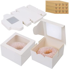 iDopick 30pcs Brown Bakery Boxes with Window, 4 x 4 x 2.5 inches, Extra Thick Small Cookie Boxes for Cookie, Macarons, Mini Treat Boxes for Holidays, Parties, Birthday Gift Giving (White)