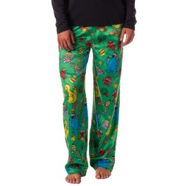 Sesame Street Women's Holiday Party Elmo Cookie Monster Bert Big Bird Sleep Pajama Pants, Green, S
