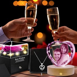 Preserved Real Rose Flowers with I Love You Necklace, Customizable 3D Crystal Photos, Romantic Gifts for Women Mom Wife on Anniversary Christmas Valentines Mothers Day (Purple, Heart Crystal)