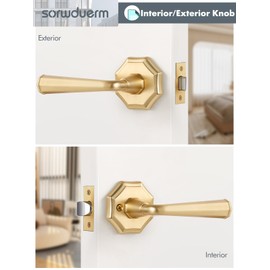 SORWDUERM 2 Pack Brushed Gold Passage Door Handles Satin Brass Interior Closet Hallway Interior Vintage Door Levers