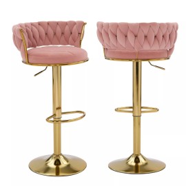 Vecelo Set of 2 Bar Stools Swivel Adjustable Bar Velvet Chairs Modern Counter Height - Pink