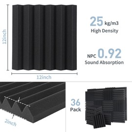 GUERRI Sound Proof Foam Panels - 12 x 12 x 2 Inches 36 Pack Wedges Acoustic Foam Panels Sound Proofing Padding for Walls and Ceiling High Density Foam Studio Foam (Black)