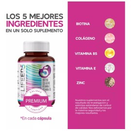 Suplemento en cápsula Lifeed5 Biotina Colágeno Hidrolizado Zinc Vitamina E y Vitamina B5 para cuidado de cabello piel y Uñas