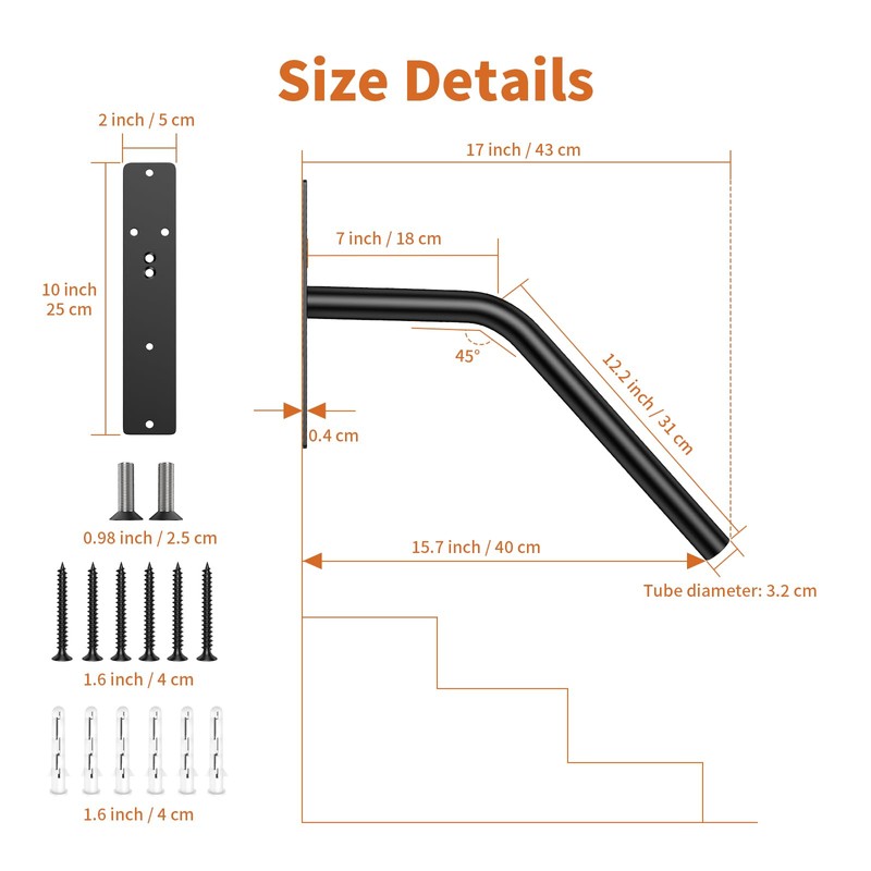 iMomwee Black Stair Handrail 16 Inch, Outdoor Handrail for 1-2