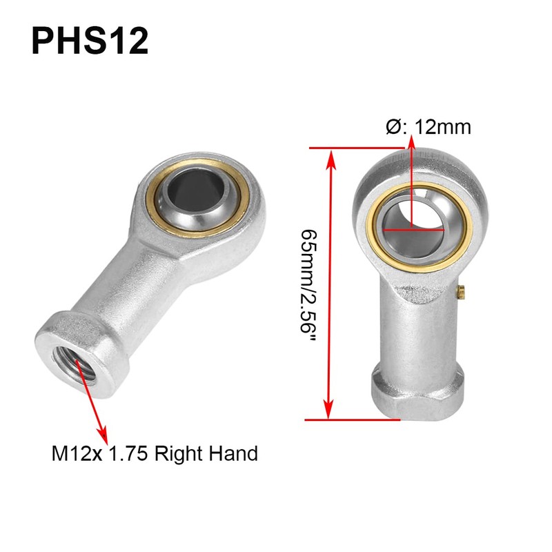 HiPicco PHS12 Rod End Bearing, 2pcs 12mm Bore Pre-Lubricated M12x1.75mm