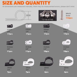 Rustark 132 Pcs 6 Sizes White and Black Nylon R-Type Cable Clamp Cable Organizer Cord Fasteners Screw Mounting Electrical Grip Wire Clips with 132 Pcs Screws for Wire Management (Black and White)