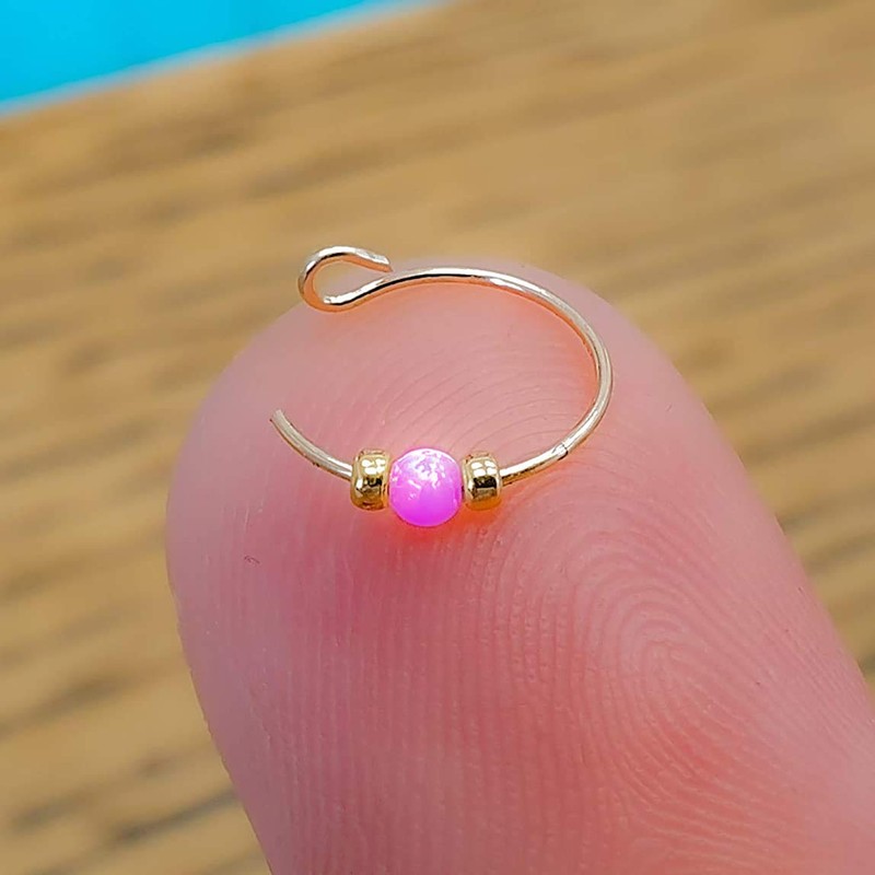 Tiny Fake Clip-On pink opal Nose Ring 24g - 14K