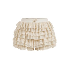 BEAUDRM Women's Lolita Ruffle Layered Lace Trim Shorts Elastic Waist Bow Front Pumpkin Short Pants, Apricot, Large