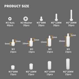 Ewwtrey Pack of 260 M3 Nylon Hex Bolts Nut Circuit Spacer, Male Female Screws Nuts Assortment Set, PCB Circuit Boards Cylinder Spacer Assortment White