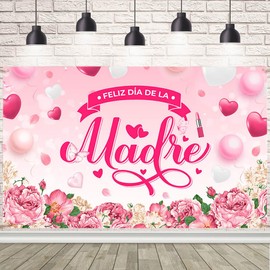 AIBIIN 7x5ft Pink Feliz Día De La Madre Banner Mexico Happy Birthday Backdrop for Mom Best Mother Ever I Love Mom Floral and Loving Heart Party Decorations Photo Booth Props