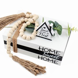 Wood Decorative Books for Home Decor,3pcs Rustic Farmhouse Book Stack Wood Faux Books for Living Room Book Shelf Decor Decorative Books Display with Wood Bead Tassels and Leaves for Home Decor (sweet)