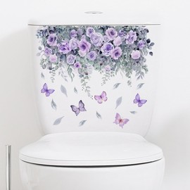 2Pcs Waterproof Toilet Decals, Botanical Floral Design with Purple Roses and Butterflies, Self-Adhesivefor Bathroom Decor (3.5x3.5 Inch)