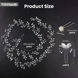 11 Pcs Wedding Hair Accessories, 100 cm/39 in Wedding Hair Vine and Pearl Hair Pins, Silver Bridal Hair Accessories Crystal Pearl Bridal Headpiece Hair Clips for Brides Bridesmaids