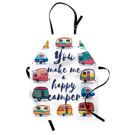 Lunarable Camper Apron, You Make Me Happy Camper Motivational Words with Caravans Retro Style Travel Graphic, Unisex Kitchen Bib with Adjustable Neck for Cooking Gardening, Adult Size, Indigo Yellow