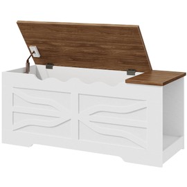 HOOBRO Farmhouse Storage Bench, Toy Box with Safety Hinges, Wooden Storage Chest with Side Storage Cubby, 47.2''L x 15.7''W x 19.5''H, for Entryway, Bedroom, Living Room, White and Walnut WH96CW01