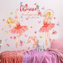 Colorful Ballet Dancer Wall Decals - Pink Dresses, Dancing Girls with Flowers & Butterflies，Easy Peel&Stick,Removable Wall Sticker,DIY Wall Decals Perfect for Kids Room,Home Wall and Nursery Décor