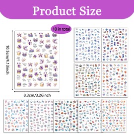 BSITSSS 10 Sheets Ocean Nail Art Stickers, 3D Embossed Summer Nail Stickers, Seashell Starfish Fish Beach Turtle Whale Nail Decals for Summer Nails Design Accessories
