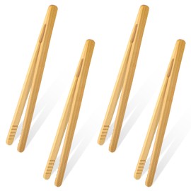 4 Pcs Bamboo Tongs, 7 Inch Reusable Wooden Toaster Tongs Multipurpose Natural Wooden Tong Long Kitchen Utensil Tong for Holding Fruit Baking Cheese Bacon Bread Muffin Pickles, Brown