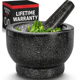 PriorityChef Large Mortar and Pestle Set, 2 Cups, 100% Natural Granite Mortar and Pestle Stone Grinder Bowl, Molcajete Bowl, Avocado Masher Guacamole Bowls, Black