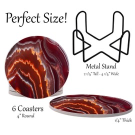 Red Agate Marble Round Coasters Set of 6 - Abosrbent Ceramic Coasters with Metal Stand for Drinks, Coffee, Non-Slip Cork Back for Tabletop Protection, 4 Inches Marbled Pattern (Agate)