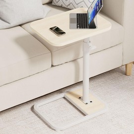 GOYLSER C Shaped End Table for Couch, Height Adjustable Living Room Couch Tray Tables Sofa Table Tv Trays for Bedroom, Natural Wooden Side Table for Small Spaces