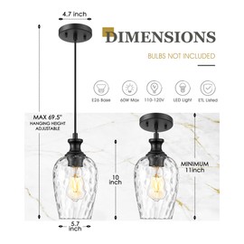 Audickic 2-Pack Pendant Lights Kitchen Island, Black Hanging Lights Fixtures with Hand-Blown Hammered Clear Glass, Farmhouse Kitchen Island Lighting Over Sink, AD-24027-1P2-BK