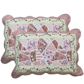 vctops 2-Piece Boho Cotton Quilted Bed Pillow Shams Floral Printed Patchwork Pillow Shams Set, Standard Size (1221 Pink, 20"x28")