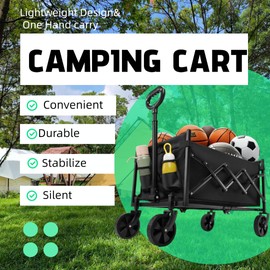 Collapsible Foldable Camping Cart, 200lbs Foldable Wagon Cart with Wheels, 150L Shopping Cart for Groceries Folding Utility Wagon for Beach, Garden, Camping, Sport, Black