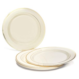" OCCASIONS " 175pcs set (25 Guests)-Heavyweight Wedding Party Disposable Plastic Plate Set -25 x 10.5'' + 25 x 6.25'' + Gold Silverware + Cups + Napkins (Ivory & Gold Rim)