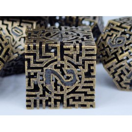 World of Dice - Premium Dice Set - Elegant Pen and Paper Dice, Metal Dice with Maze, 7-Piece Set for Dungeons and Dragons (D&D), DSA, and Much More (Brass Antique)
